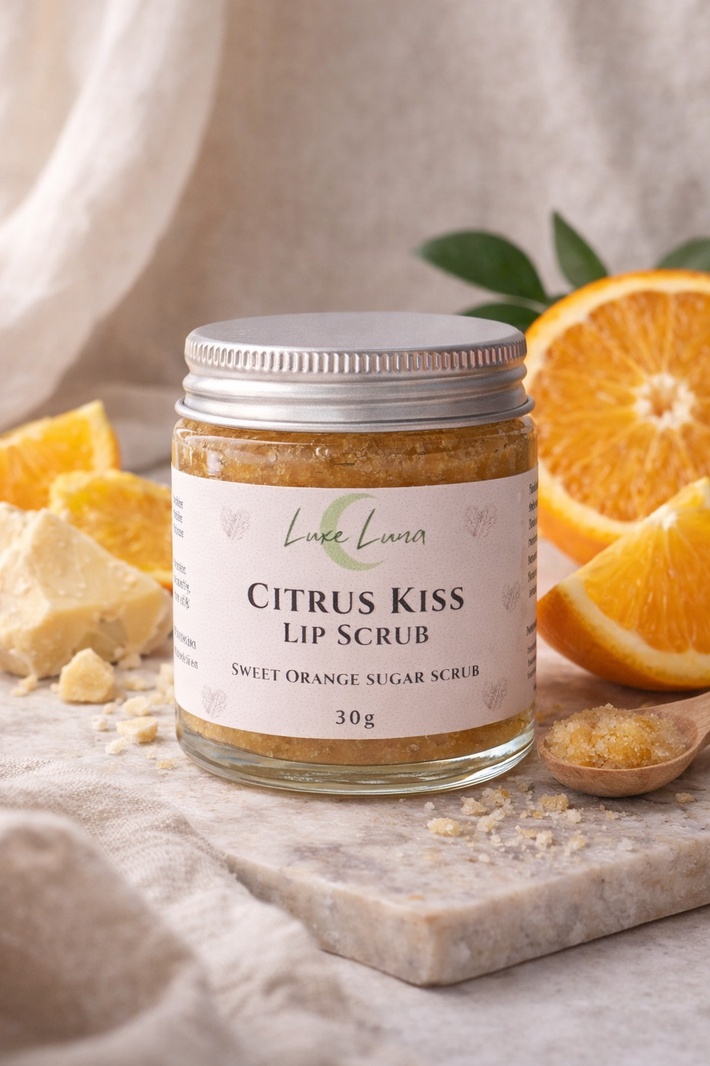 Citrus Kiss - Exfoliating Natural Lip Scrub - 30g Glass Jar - Sweet Orange