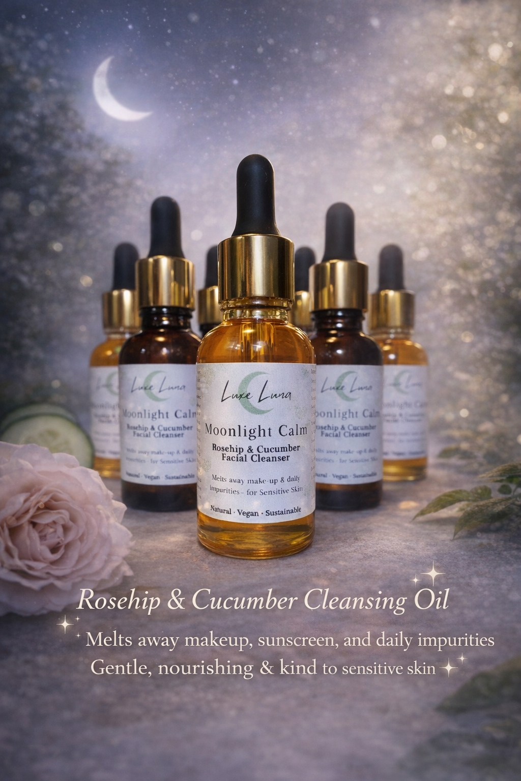 Moonlight Calm – Rosehip & Cucumber Cleansing Oil - Gentle, Natural Facial Cleanser for Sensitive Skin