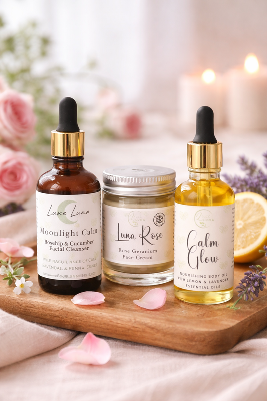 Valentines Skincare Set - Cleansing Facial Oil, Calming Face Cream & Relaxing Body / Massage Oil