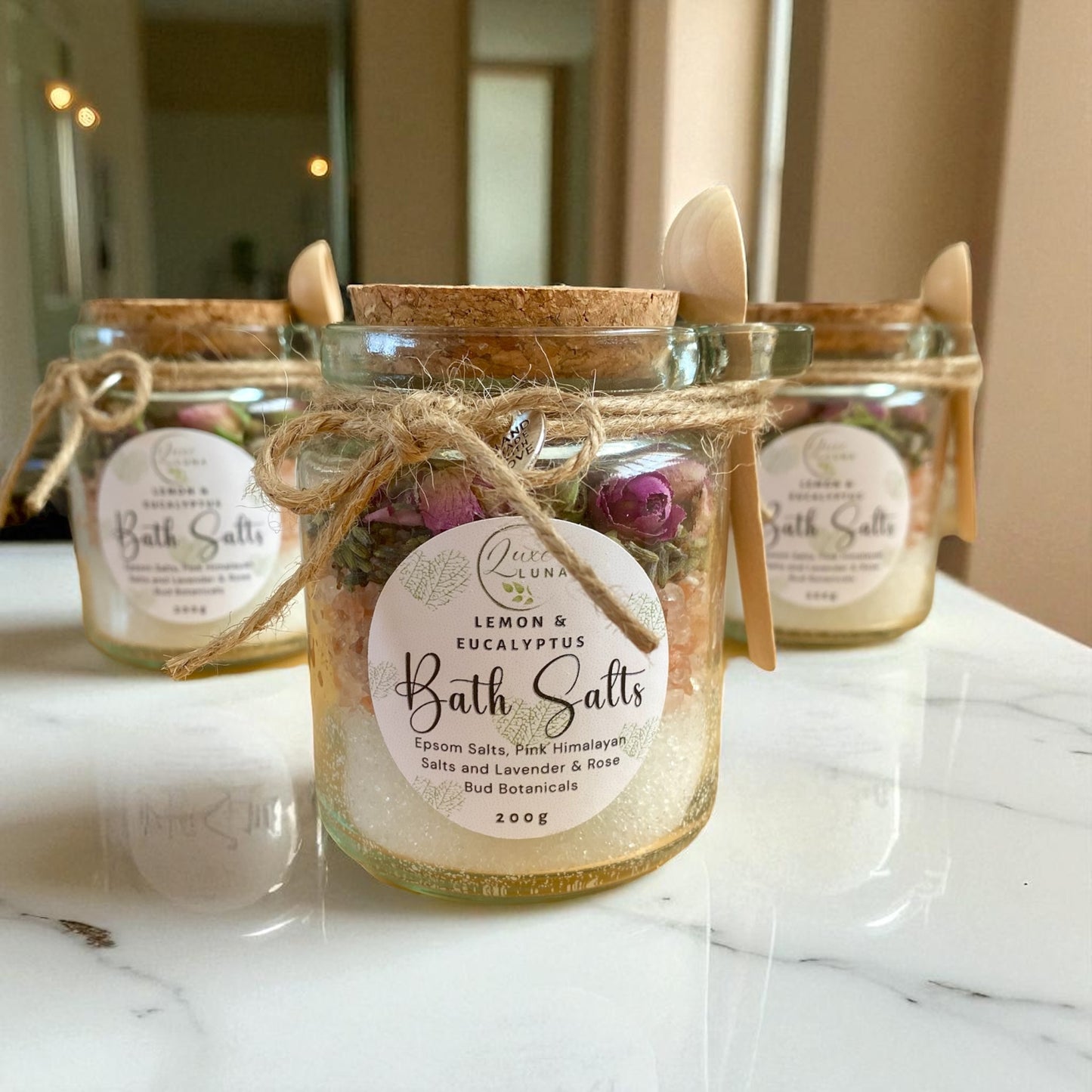Luxury Layered Bath Salts – Lavender & Rose | Epsom & Pink Himalayan with Lemon & Eucalyptus