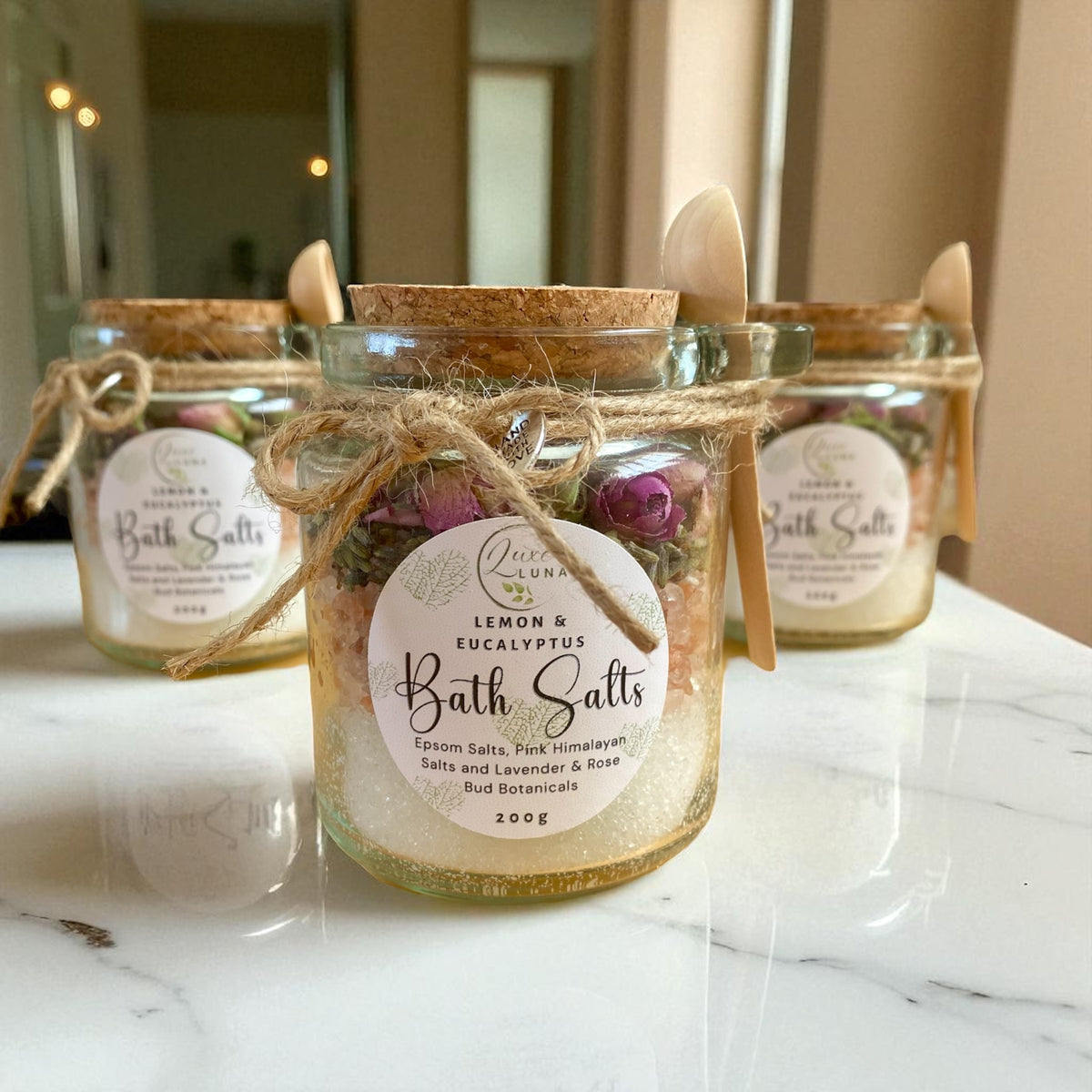 Luxury Layered Bath Salts – Lavender & Rose | Epsom & Pink Himalayan with Lemon & Eucalyptus