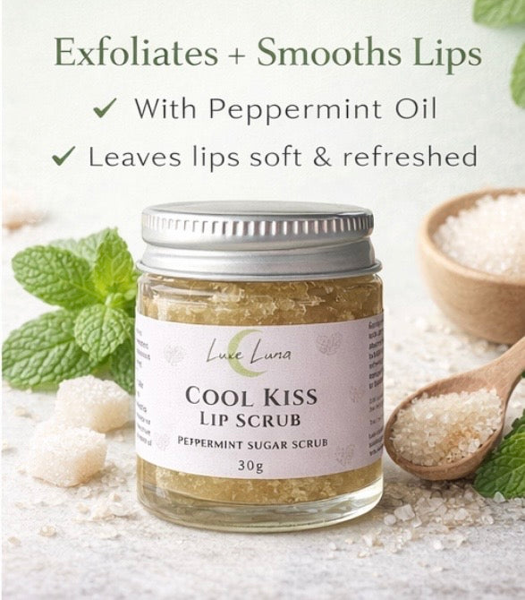 Cool Kiss Lip Scrub (Peppermint) – Natural Sugar Lip Exfoliator | Vegan, Plastic-Free | 30g Glass Jar